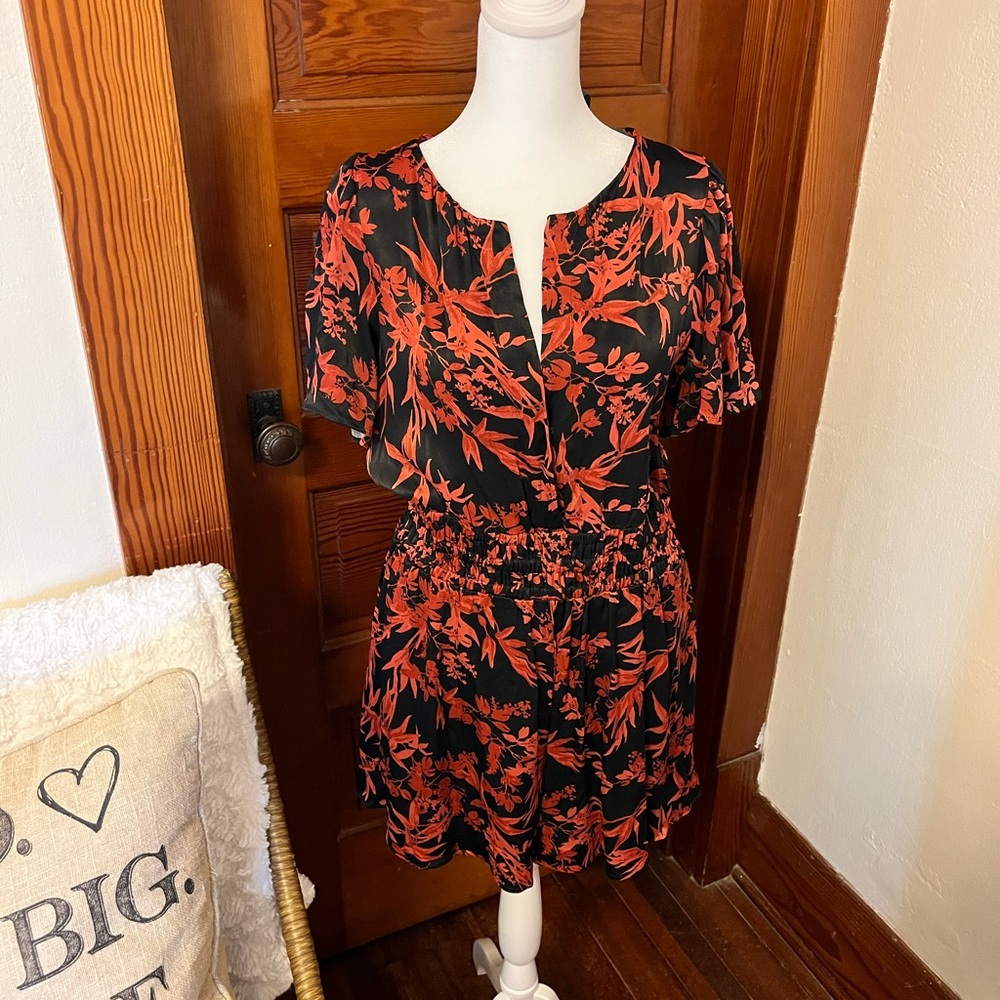 Anthropologie Black Jumpsuit with Red Floral Print